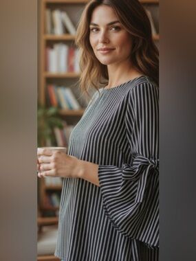 Anthropologie 5W Top Black W/White Stripes
Bell Sleeves W/Ties Round Neck XL👍